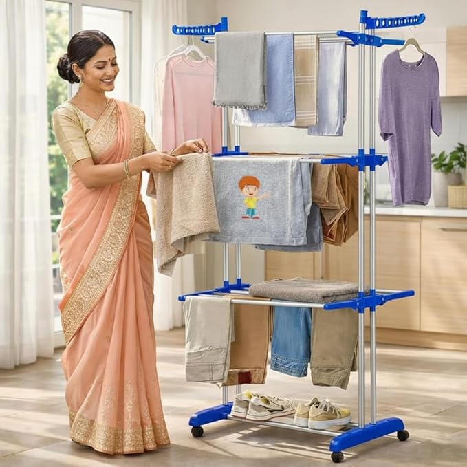 JD FRESH 4 Tier Stainless Steel Clothes Drying Stand/Cloth Dryer for Balcony/Indoor/Outdoor/Space Saving Cloth Hanger Stand with 24 Rods/Big Foldable Laundry Rack with Wheels (Blue)