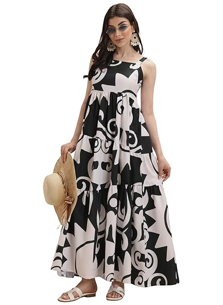 GRECIILOOKS Women's Printed Long Maxi Dress | Sleeveless Layered Dress for Summer Styling | Elegant Boho Dress for Women | Casual Beach Vacation Maxi Outfit