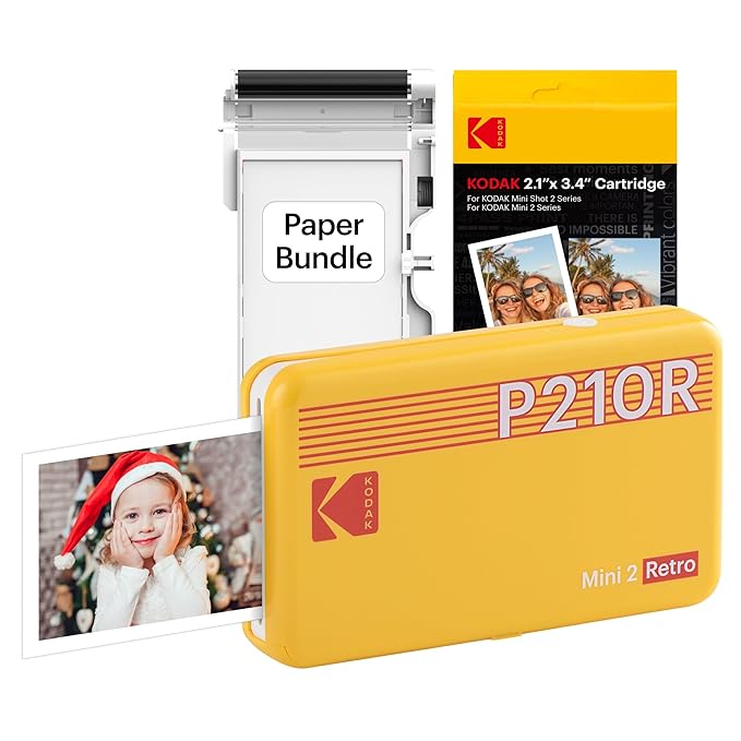 KODAK Mini 2 Retro 4PASS Portable Photo Printer (2.1x3.4 inches) + 68 Sheets Bundle, Yellow