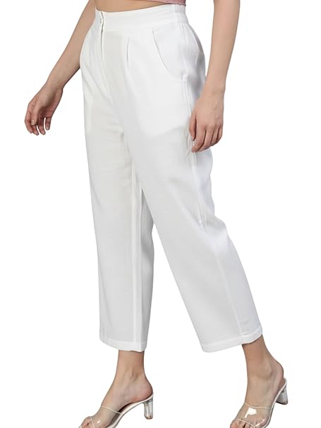 Leriya Fashion Linen Ankle Length Casual Trousers for Women | Regular Fit Linen Pants Women with Clip & Zipper Closure | Loose Fit Pants for Women