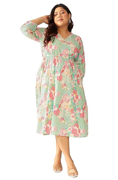 Janasya Women's Plus Size Sage Pure Cotton Floral Printed A-line Dress