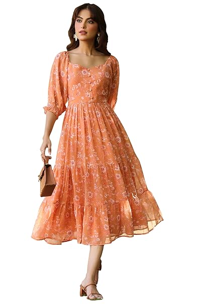 Janasya Women's Orange Georgette Floral Printed Tiered Dress