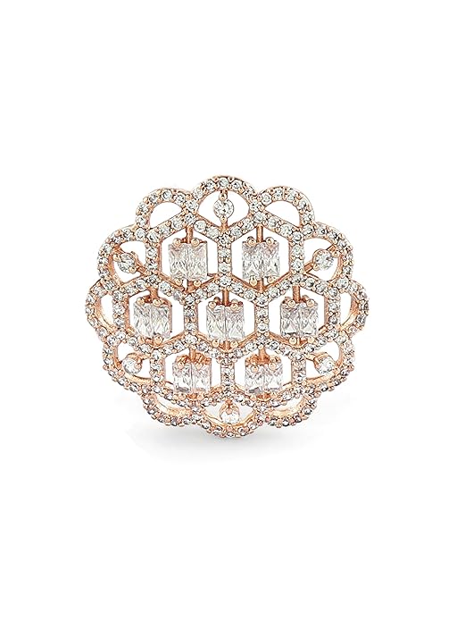 ZAVERI PEARLS Rose Gold Dazzling Cubic Zirconia Party Bling Statement Brass Adjustable Finger Ring For Women-ZPFK16893