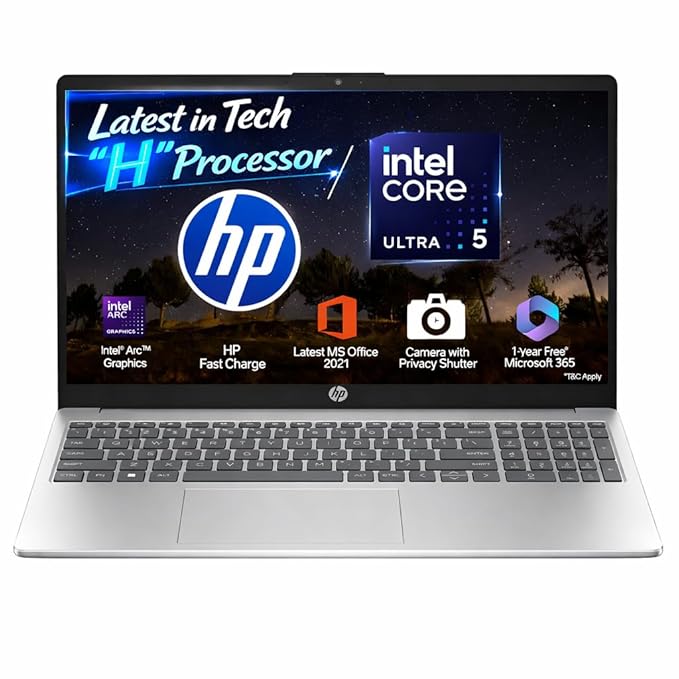HP 15, Intel Core Ultra 5 125H (16GB DDR5, 1TB SSD) FHD, IPS, 15.6''/39.6cm, Win11, M365 Basic(1yr)*Office24, Silver, 1.65kg, fd1255TU, Intel Arc Graphics, FHD Camera w/Shutter, AI Powered Laptop