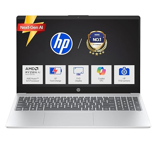 HP OmniBook 3, AMD Ryzen AI 5 330 (24GB DDR5 RAM, 1TB SSD) FHD, Anti-Glare, 15.6''/39.6cm, Win11, Office24, Glacier Silver,1.7kg, fn0074AU, FHD Camera w/Shutter, FPR, Backlit KB, Next Gen AI Laptop