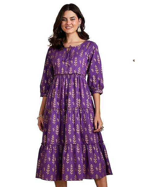 Amazon Brand - Myx Women Cotton Printed Tiered Dress (Available in Plus Sizes)