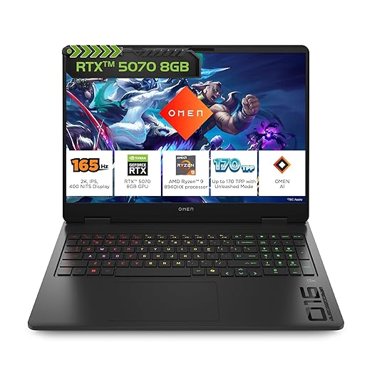 HP Omen, AMD Ryzen 9 8940HX, 8GB RTX 5070, 24GB DDR5(Upgradeable) 1TB SSD, 240Hz, 2k WUXGA, 3ms, 400 nits, 16''/40.6cm, Win11, M365* Office24, Black, 2.44kg, ap0182AX, RGB, AI Gaming Laptop