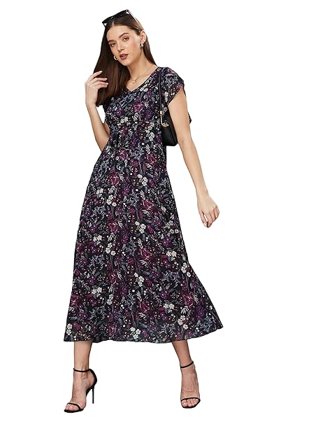 Miss Chase Women Pleated V Neck Full Sleeves Relaxed Fit Midi Length Dress