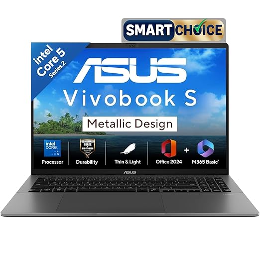 ASUS Vivobook S16,14th Gen, Intel Core 5-210H,Metallic Design Laptop(Intel UHD iGPU/16GB RAM/512GB SSD/FHD+/16""/144Hz/Windows 11/M365 Basic(1Year)*/Office Home 2024/Matte Gray/1.7Kg) S3607VA-RP113WS