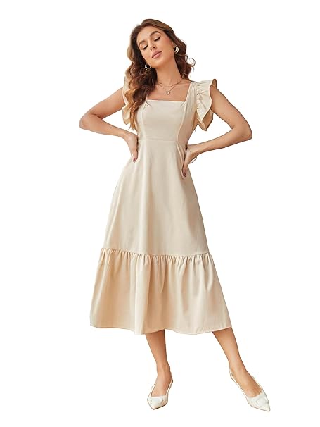 Shasmi Girl's & Women's Solid Color Square Neck, Ruffle-Trimmed Hem Sleeveless, Ruffle Armhole and Casual Dress with Cinched Waist Vacation Outfits Woman (Dress 162)