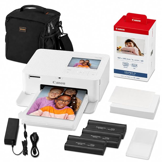 Canon SELPHY CP1500 Wireless Compact Photo Printer White Bundle with KP-108IN Color Ink & Paper Set, Slinger Alpine 160 Shoulder Bag, Power Adapter, Paper Cassette and AC Cable (White)