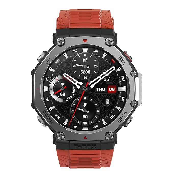 Amazfit T-Rex 3 (Smartchoice) Outdoor Rugged Military 48mm Smart Watch, Built in GPS, 27 Days Battery Life, Offline Maps, 2000 Nits Brightness, 10 ATM Water Resistance, AI Coach, iOS & Android (Lava)