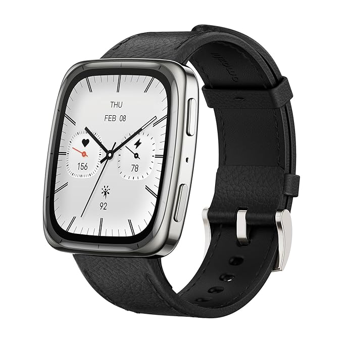 Amazfit Active 2 Square (Smartchoice), 2000 Nits Bright AMOLED Display, Built in GPS, 10Day Battery, Android & iPhone, Accurate Readings, BT Call, Sleep Monitor, 5ATM Water Resistant, Black Leather