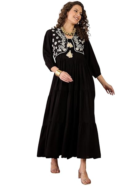 Stylum Women's Solid & Embroidered Rayon Tiered Dress with Jacket