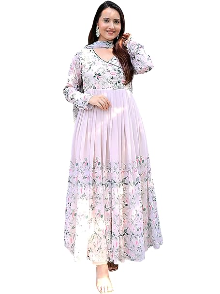 Pinkmint Muslin Anarkali Angrakha Printed Kurta & Soild Pant with Stylish Dupatta l Graceful Ethnic Gown Set for Festive Occasions