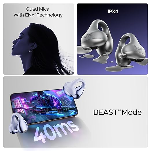 Boat Airdopes Loop OWS Earbuds w/Clip-On Fit, Air Conduction Tech, 50HRS Battery, 4Mics ENx, Dual EQ Modes, 12mm Drivers, 40ms Latency, ASAP Charge, OWS Ear Buds in Ear Bluetooth Earphones(Cool Grey)