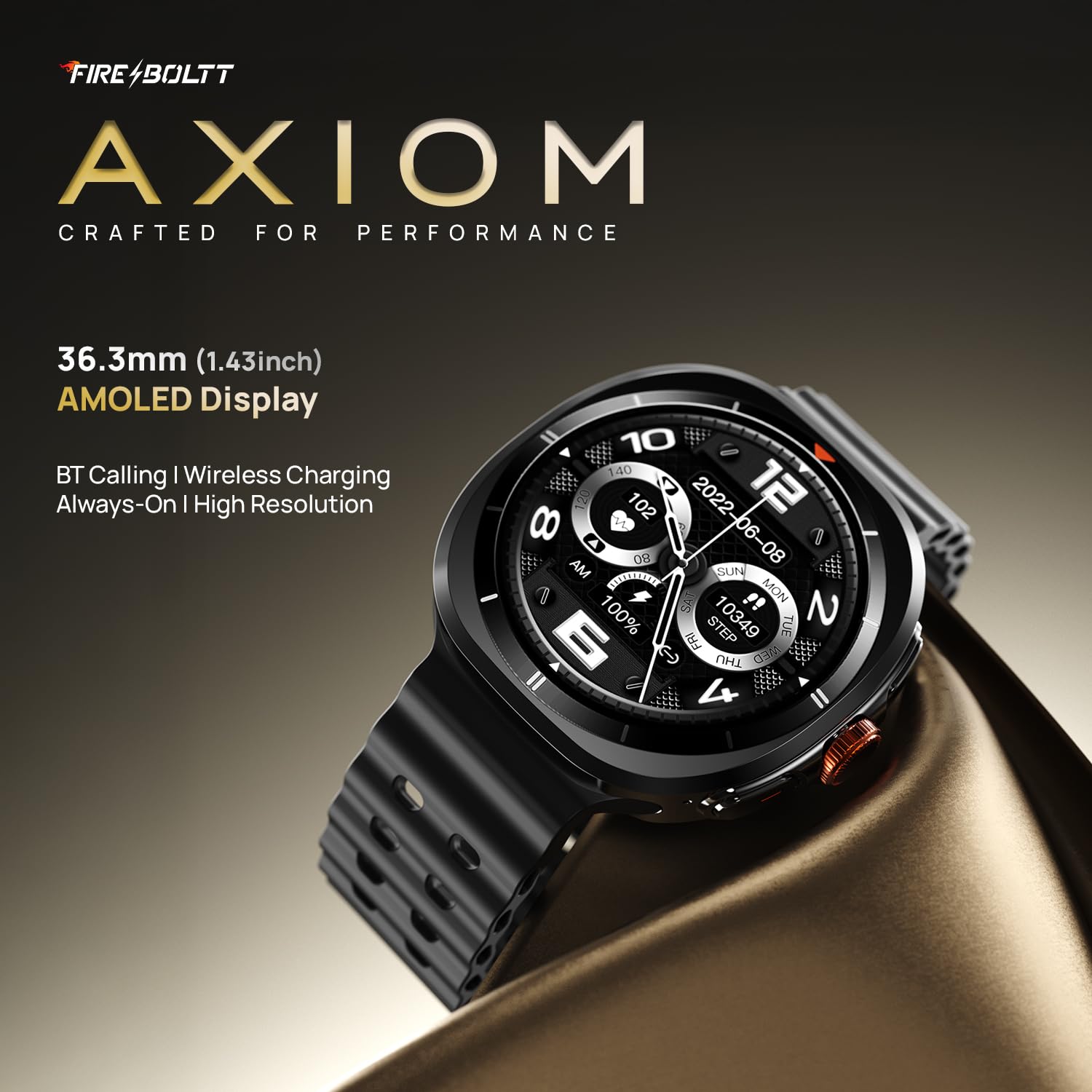 Fire-Boltt Axiom Round Smart Watch 1.43″ Super AMOLED Display with Always‑On Mode, Bluetooth Calling, Rotating Crown, SPO₂ & Heart Rate Monitor, IP67 Waterproof Silicone Smartwatch for Men - Black