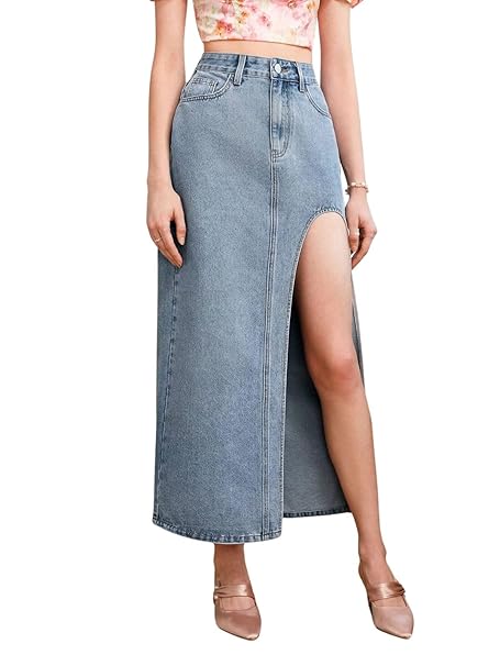 GRECIILOOKS Women's High Waist Denim Skirt with Front Slit – Long Maxi Jean Skirt Casual Fashion – Stylish Denim Skirts for Women