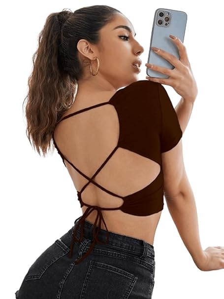Aahwan Women's Polyester Slim Fit Red Solid Criss Cross Tied Backless Crop Top