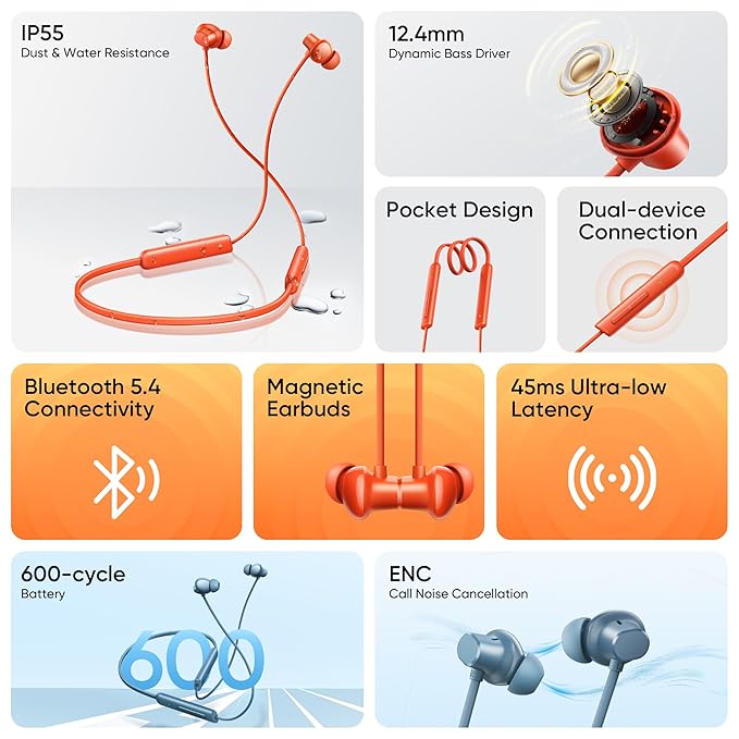 realme Buds Wireless 5 Lite in Ear Bluetooth Neckband with 12.4 mm Dynamic Bass Boost Driver,Upto 35 Hours Playback,45ms Low Latency,IP55 Dust & Water Resistant, Bluetooth V5.4 (Haze Blue)