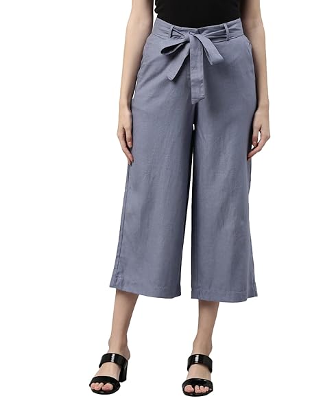 GO COLORS Solid Linen Culottes for Women | High Rise, Side Pockets, Front tie-up
