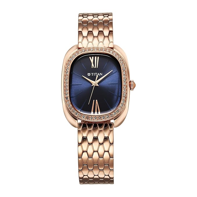 Titan Glamour Quartz Analog Blue Dial Silver Stainless Steel Strap Watch for Women