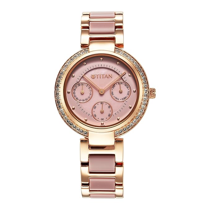 Titan Acetate Quartz Multifunction Mother of Pearl Mauve Pink Dial Two Toned Mauve Pink and Rose Gold Strap Watch for Women - NT95187KD02