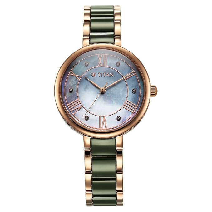 Titan Purple Ceramics Quartz Analog Mother of Pearl Dial Steel & Ceramic Strap Watch for Women-NS95217KD02