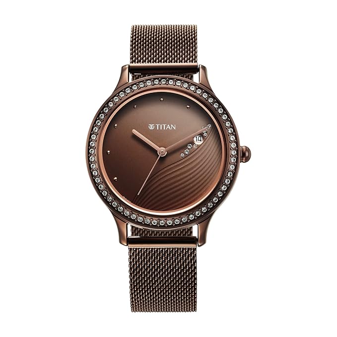 Titan Purple Glam It Up Quartz Analog with Date Brown Dial Brown Stainless Steel Strap Watch for Women - NT2634QM01
