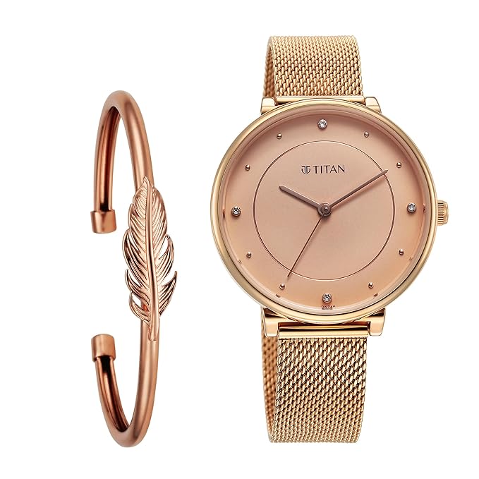 Titan Purple Stackables Quartz Analog Pink Dial Stainless Steel Strap Watch for Women-2673WM04F