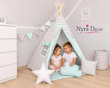 Nyra Decor Kids Portable Teepee Tents With Padded Mat And Cushions Free Kit Bag Zig Zag Teal