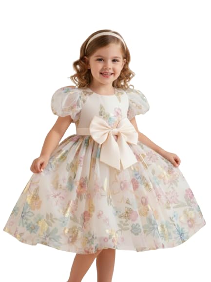 Amazon Brand - Anarva Girls Floral Net Dress with Bow Kids Fancy Frock with Puff Sleeves & Butterfly Print Birthday Wedding Dress for Baby Girls