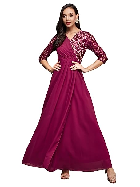 Miss Chase Women's V-Neck Three-Quarter Sleeve Self-Designed Wrap Maxi Georgette Dress