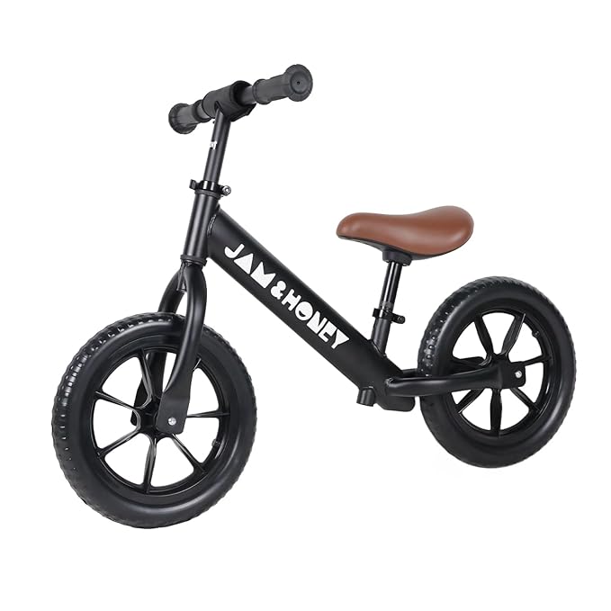 Amazon Brand - Jam & Honey 12T Balance Bike for Kids | Adjustable Handlebar & Seat | Anti-Puncture Wheels | Max Weight 25 Kg | 2+ Years | Black