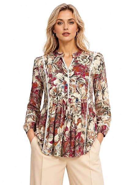 Amazon Brand - INKAST Women Floral Regular Fit Tops | Blouse | Elasticated Cuffs | Shirt