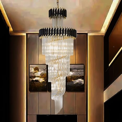 Harold Electricals Black Geminus Long Crystal Double Height Chandelier for Staircase, Villa, Lobby, Foyer Entryway, Hotel, Living Room Décor -(Dia:- 55CM & H:- 177CM)