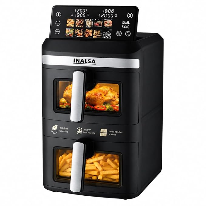 INALSA Double Basket Air Fryer 2800W & 14 L (7L+7L) Large Capacity |Non Toxic,BPA Free|PFOA Food Safety Certified|Cook 2 Full Meals Together|Flip Digital Screen|NutriFry DuoSlim