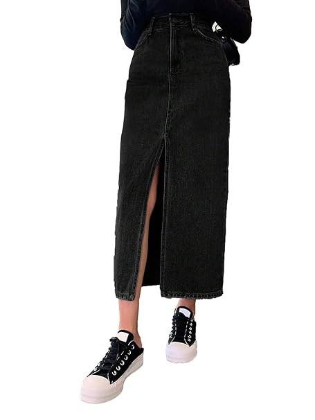 KOTTY Women's High Waist Denim Maxi Skirt with Front Slit | Stylish Long Jean Skirt for Women | Trendy Straight Fit Casual Wear