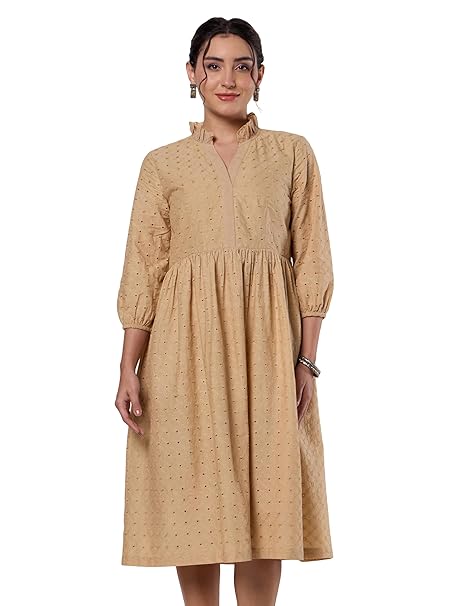 Amazon Brand - Myx Women's Schiffli Embroidery Ethnic Dress | Fit and Flare | Knee Length (Available in Plus Sizes)