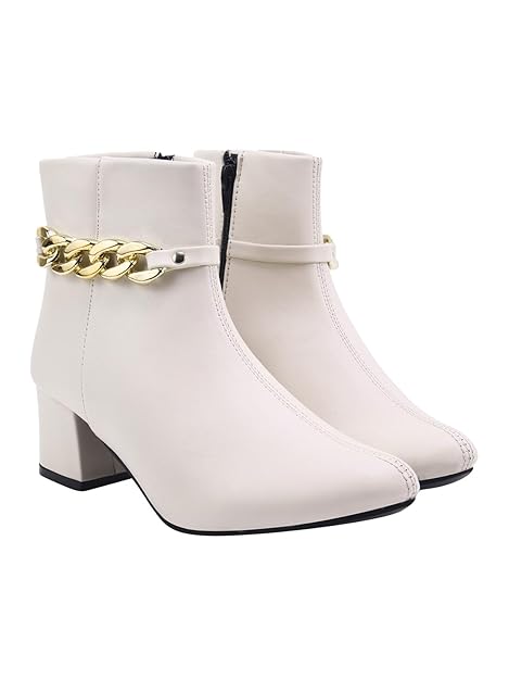 Shoetopia Women's Synthetic Leather Ankle Boots – Stylish Block Heel Zip Closure Boots with Golden Buckle Detail for Casual & Party Footwear