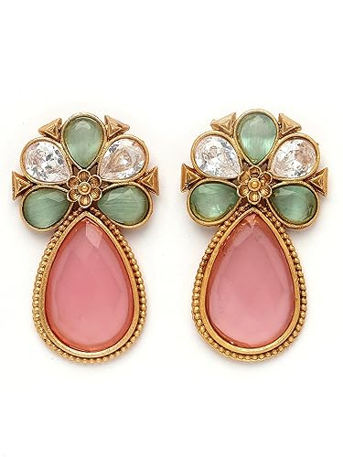 Karatcart Silver Tone Diamond Shape Pink and Blue Carved Stone Studded Drop Earrings for Women