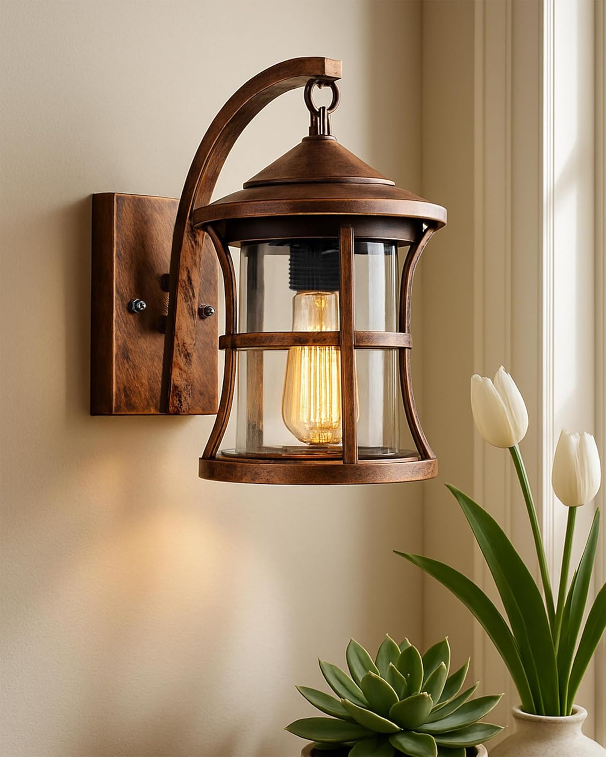 Homesake Oil Rubbed Rust Finish Glass Shade Metal Chimney Wall Light for Bedroom, Bronze,Corded-Electric