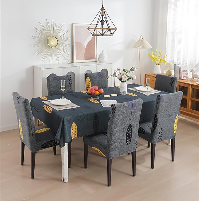 House of Quirk Polyvinyl Chloride (PVC) Dining Chair Cover with Rectangular Table Covers for Kitchen Waterproof Dining Table Cloth (Grey Mustard Leaf, 1 Table Cover + 6 Chair Cover) Visit the House of Quirk Store