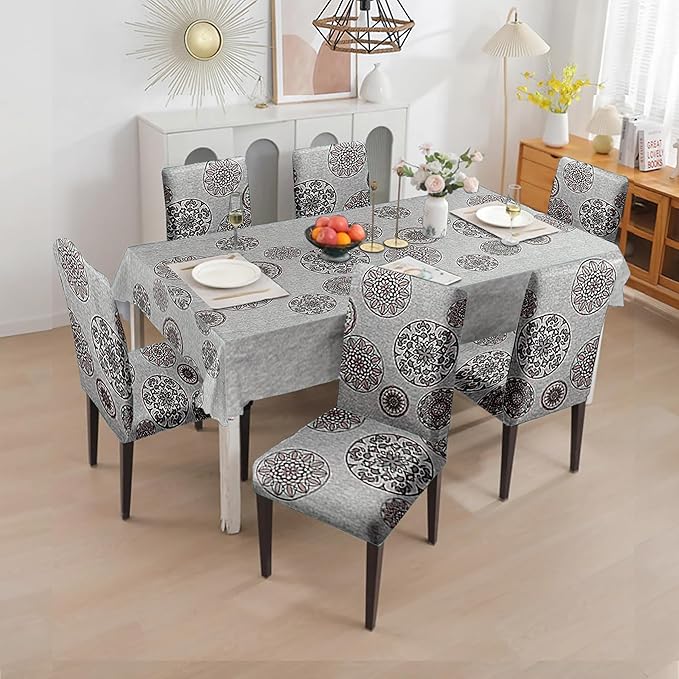 Amazon Basics Dining Table Cover with 6 Chair Covers|Table Cover: 100% Polyester Woven Fabric 140 GSM, 220Cm X 140Cm|Chair Cover: 95% Polyester & 5% Spandex 110 GSM, 50Cm X 40Cm|Grey, Rectangular
