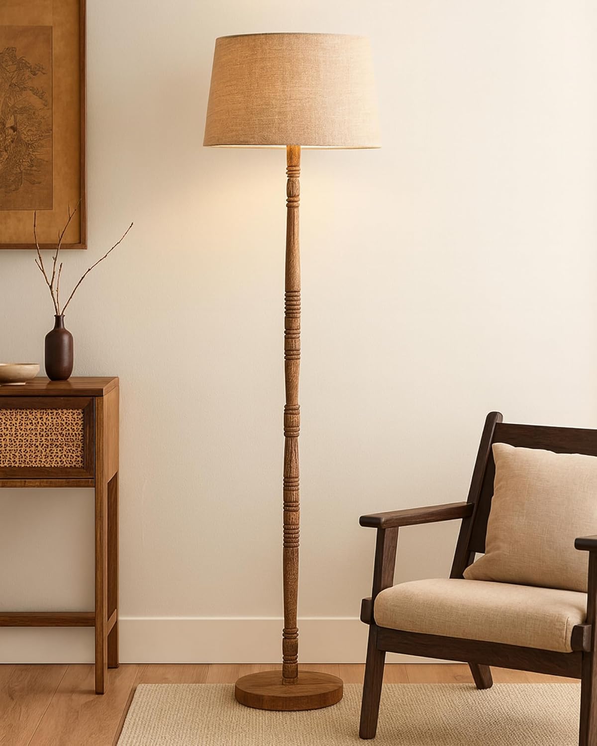 Homesake® Mid Century Modern Floor Lamp for Living Room | Hand Turned | Corner Lamp for Living Room, Stand Lamp with Fabric Lampshade for Bedroom, Study Room and Office, (Jute)