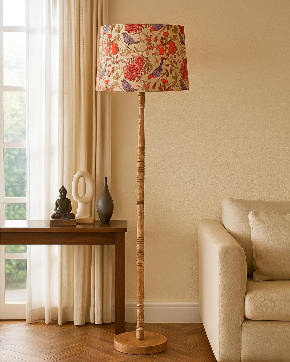 Homesake® Mid Century Modern Floor Lamp for Living Room | Hand Turned | Corner Lamp for Living Room, Stand Lamp with Fabric Lampshade for Bedroom, Study Room and Office, (Bird)