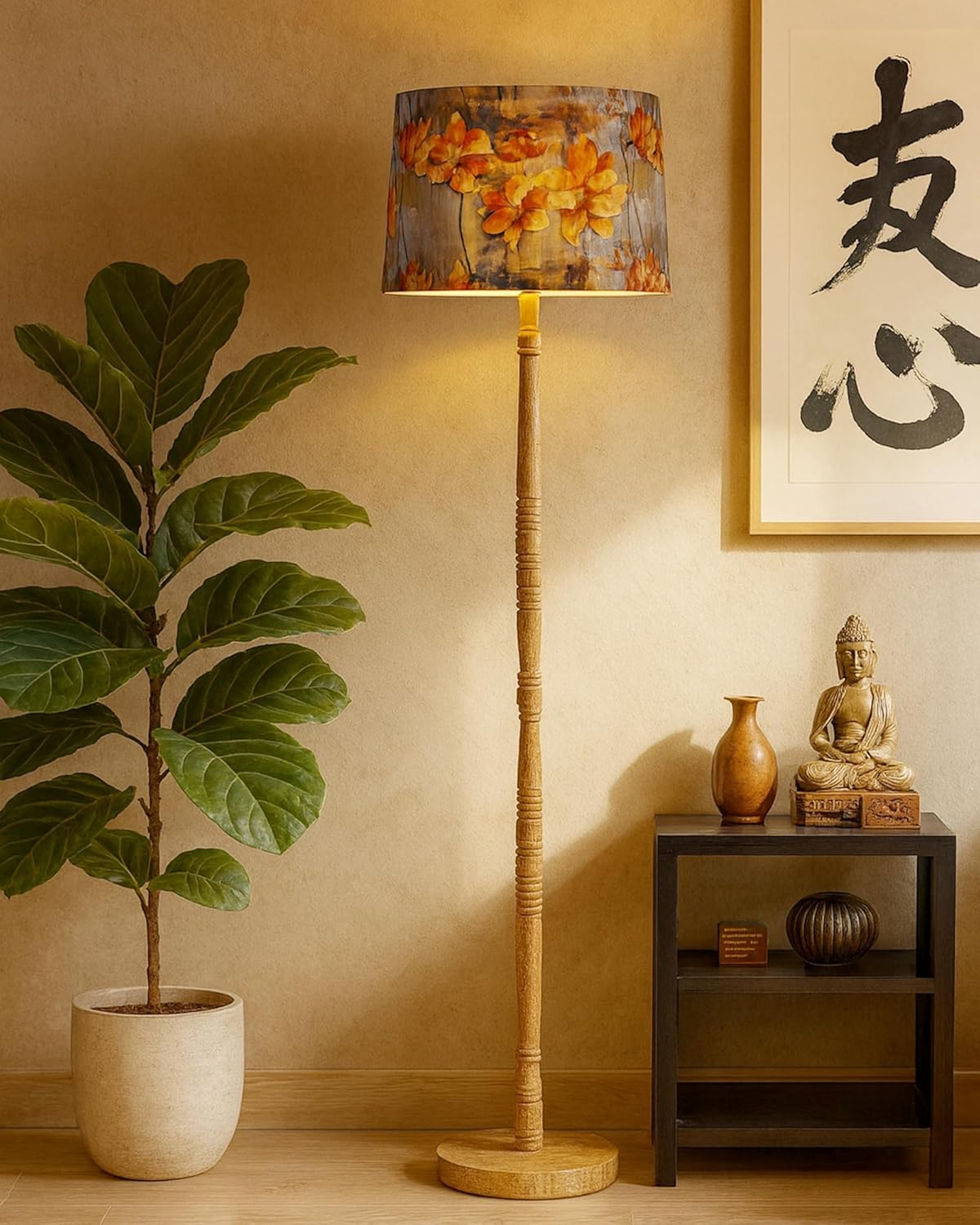 Homesake® Mid Century Modern Floor Lamp for Living Room | Hand Turned | Corner Lamp for Living Room, Stand Lamp with Fabric Lampshade for Bedroom, Study Room and Office, (Bird)