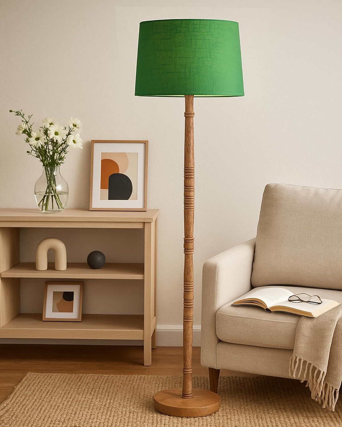 Homesake® Mid Century Modern Floor Lamp for Living Room | Hand Turned | Corner Lamp for Living Room, Stand Lamp with Fabric Lampshade for Bedroom, Study Room and Office, (Green)