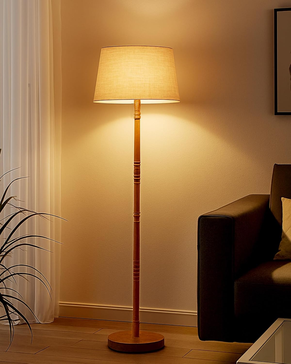 Homesake® Mid Century Modern Floor Lamp for Living Room | Hand Turned | Corner Lamp for Living Room, Stand Lamp with Fabric Lampshade for Bedroom, Study Room and Office, (Off-White)