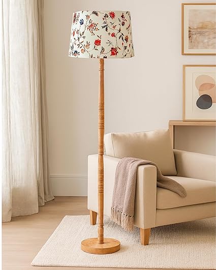 Homesake® Mid Century Modern Floor Lamp for Living Room | Hand Turned | Corner Lamp for Living Room, Stand Lamp with Fabric Lampshade for Bedroom, Study Room and Office, (Off-White)